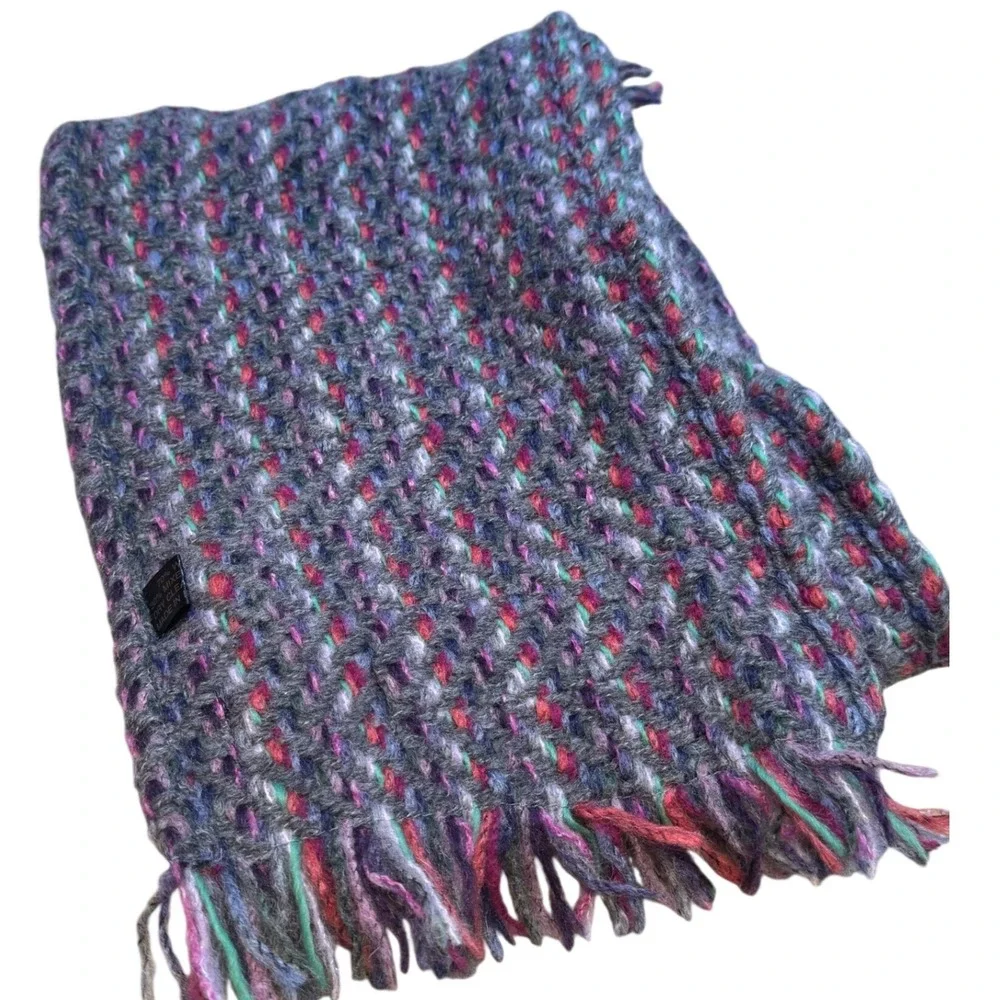 John Branigan Weavers Wool Scarf Made‎ in Ireland Multi Color Pink Grey Fringed